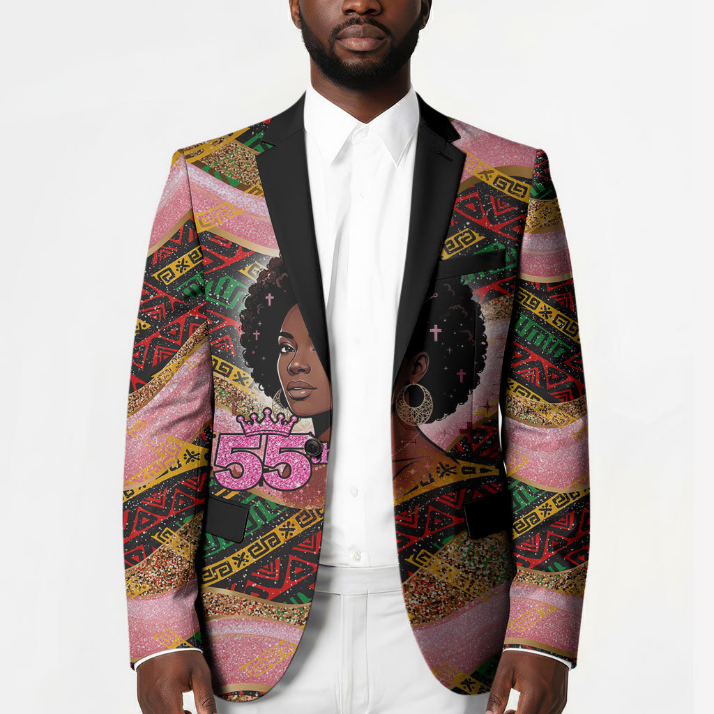 Personalized African Queen Stepping Into My 55th Birthday Blazer Pink Sparkle Glitter Tribal Kente