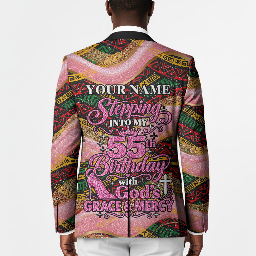 Personalized African Queen Stepping Into My 55th Birthday Blazer Pink Sparkle Glitter Tribal Kente
