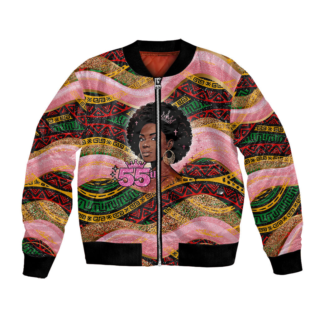 Personalized African Queen Stepping Into My 55th Birthday Bomber Jacket Pink Sparkle Glitter Tribal Kente
