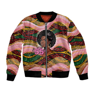 Personalized African Queen Stepping Into My 55th Birthday Bomber Jacket Pink Sparkle Glitter Tribal Kente