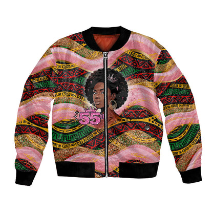 Personalized African Queen Stepping Into My 55th Birthday Bomber Jacket Pink Sparkle Glitter Tribal Kente