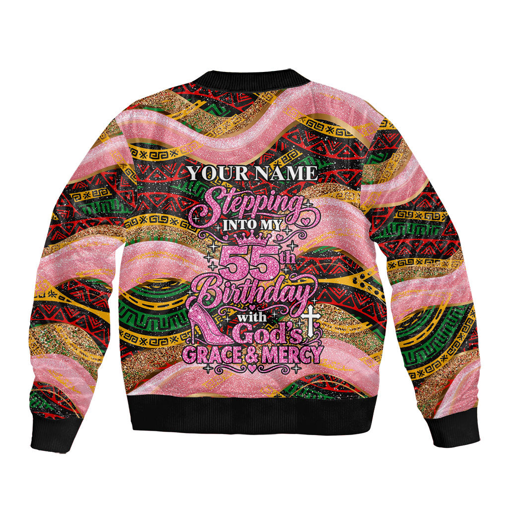 Personalized African Queen Stepping Into My 55th Birthday Bomber Jacket Pink Sparkle Glitter Tribal Kente