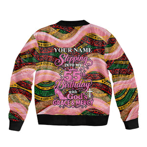 Personalized African Queen Stepping Into My 55th Birthday Bomber Jacket Pink Sparkle Glitter Tribal Kente