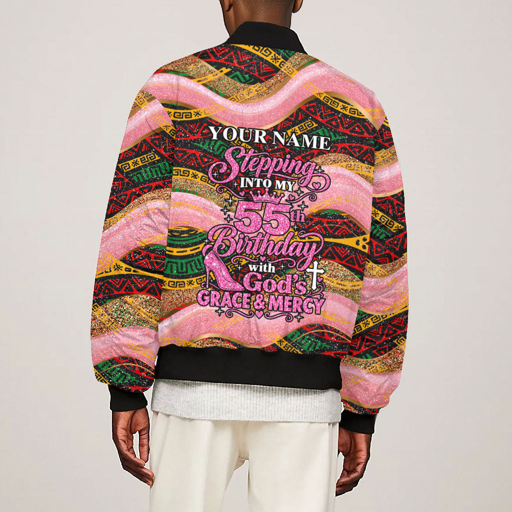 Personalized African Queen Stepping Into My 55th Birthday Bomber Jacket Pink Sparkle Glitter Tribal Kente