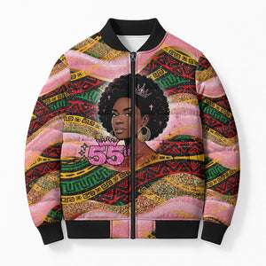 Personalized African Queen Stepping Into My 55th Birthday Bomber Puffer Jacket Pink Sparkle Glitter Tribal Kente