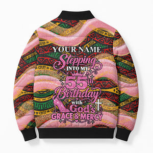 Personalized African Queen Stepping Into My 55th Birthday Bomber Puffer Jacket Pink Sparkle Glitter Tribal Kente