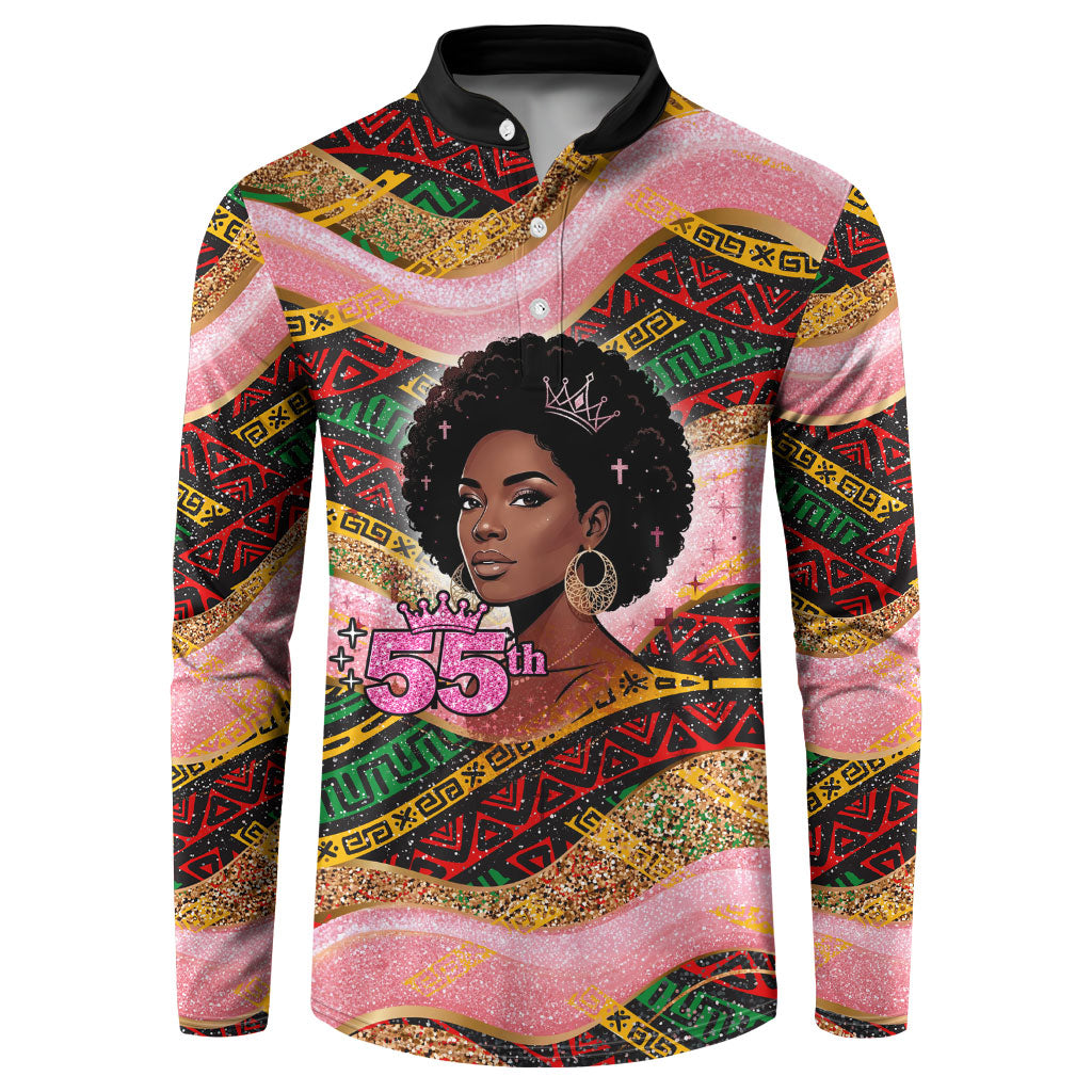 Personalized African Queen Stepping Into My 55th Birthday Button Sweatshirt Pink Sparkle Glitter Tribal Kente