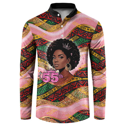 Personalized African Queen Stepping Into My 55th Birthday Button Sweatshirt Pink Sparkle Glitter Tribal Kente