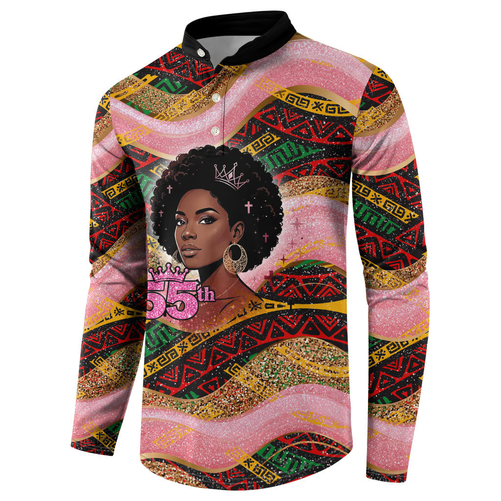 Personalized African Queen Stepping Into My 55th Birthday Button Sweatshirt Pink Sparkle Glitter Tribal Kente