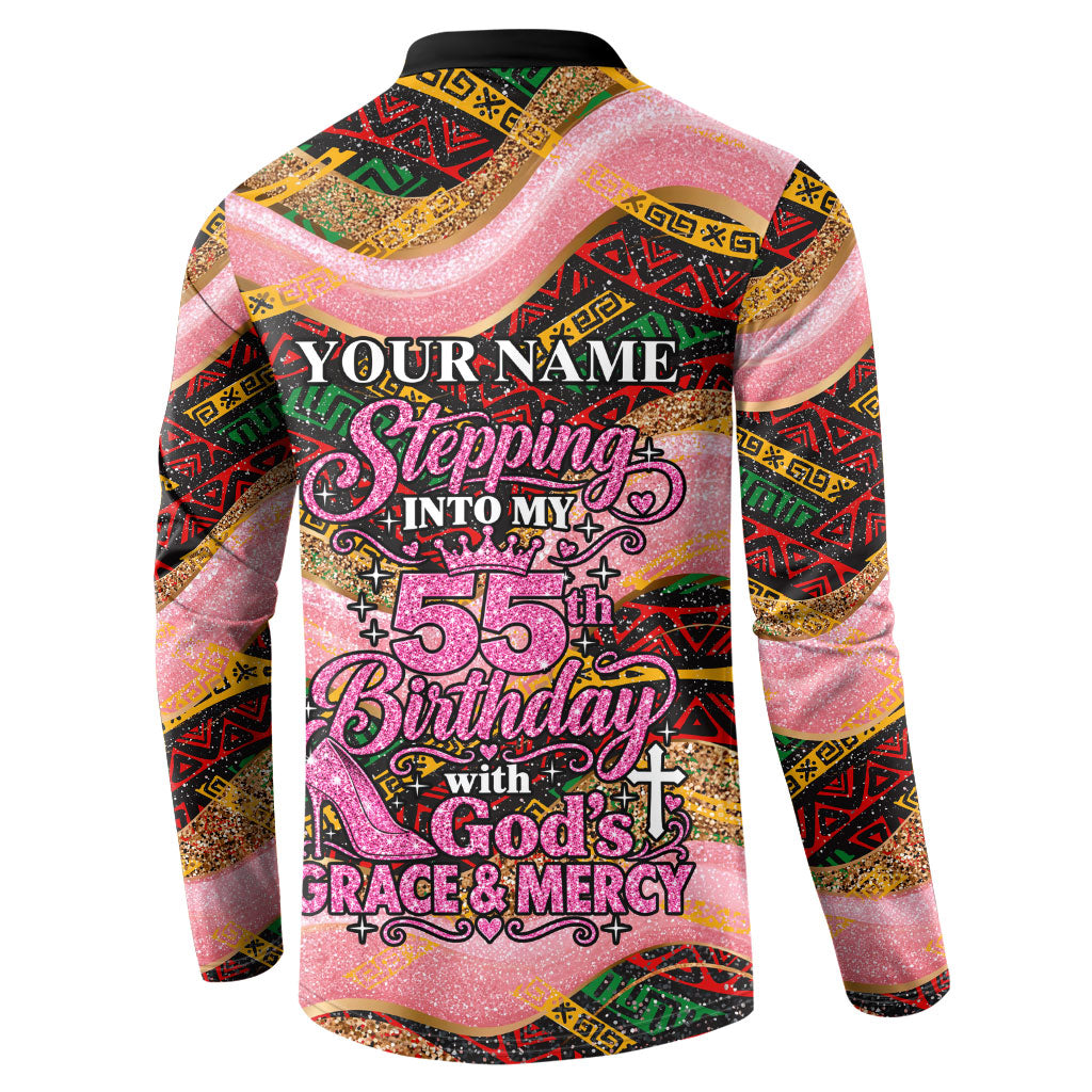 Personalized African Queen Stepping Into My 55th Birthday Button Sweatshirt Pink Sparkle Glitter Tribal Kente