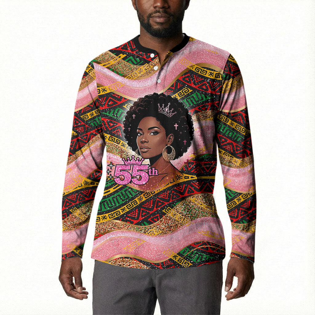 Personalized African Queen Stepping Into My 55th Birthday Button Sweatshirt Pink Sparkle Glitter Tribal Kente