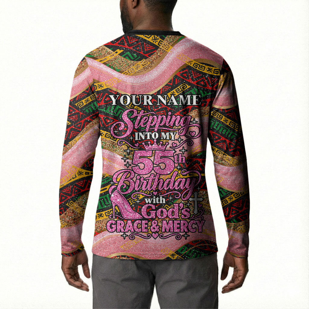 Personalized African Queen Stepping Into My 55th Birthday Button Sweatshirt Pink Sparkle Glitter Tribal Kente