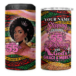 Personalized African Queen Stepping Into My 55th Birthday 4 in 1 Can Cooler Tumbler Pink Sparkle Glitter Tribal Kente