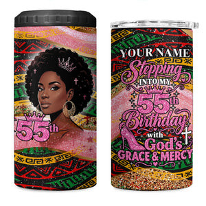 Personalized African Queen Stepping Into My 55th Birthday 4 in 1 Can Cooler Tumbler Pink Sparkle Glitter Tribal Kente