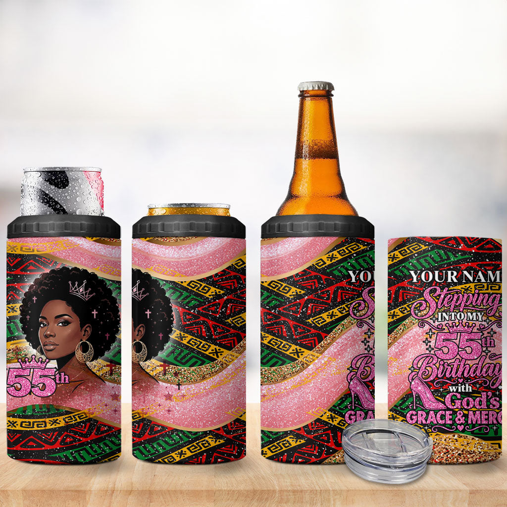 Personalized African Queen Stepping Into My 55th Birthday 4 in 1 Can Cooler Tumbler Pink Sparkle Glitter Tribal Kente