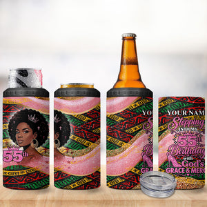 Personalized African Queen Stepping Into My 55th Birthday 4 in 1 Can Cooler Tumbler Pink Sparkle Glitter Tribal Kente