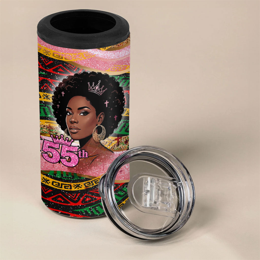 Personalized African Queen Stepping Into My 55th Birthday 4 in 1 Can Cooler Tumbler Pink Sparkle Glitter Tribal Kente