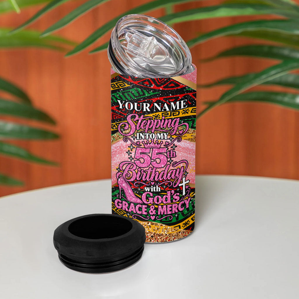 Personalized African Queen Stepping Into My 55th Birthday 4 in 1 Can Cooler Tumbler Pink Sparkle Glitter Tribal Kente