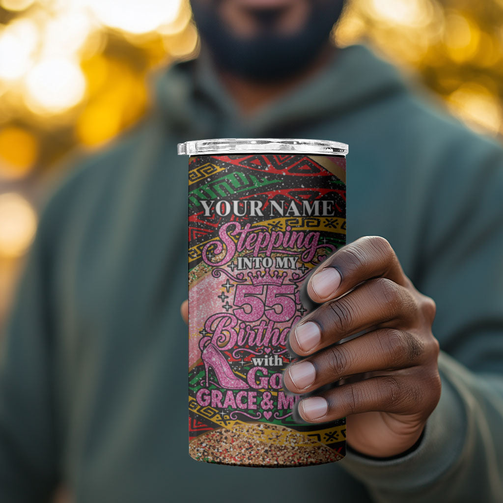 Personalized African Queen Stepping Into My 55th Birthday 4 in 1 Can Cooler Tumbler Pink Sparkle Glitter Tribal Kente