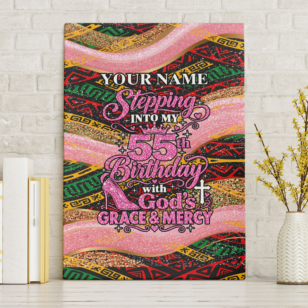 Personalized African Queen Stepping Into My 55th Birthday Canvas Wall Art Pink Sparkle Glitter Tribal Kente