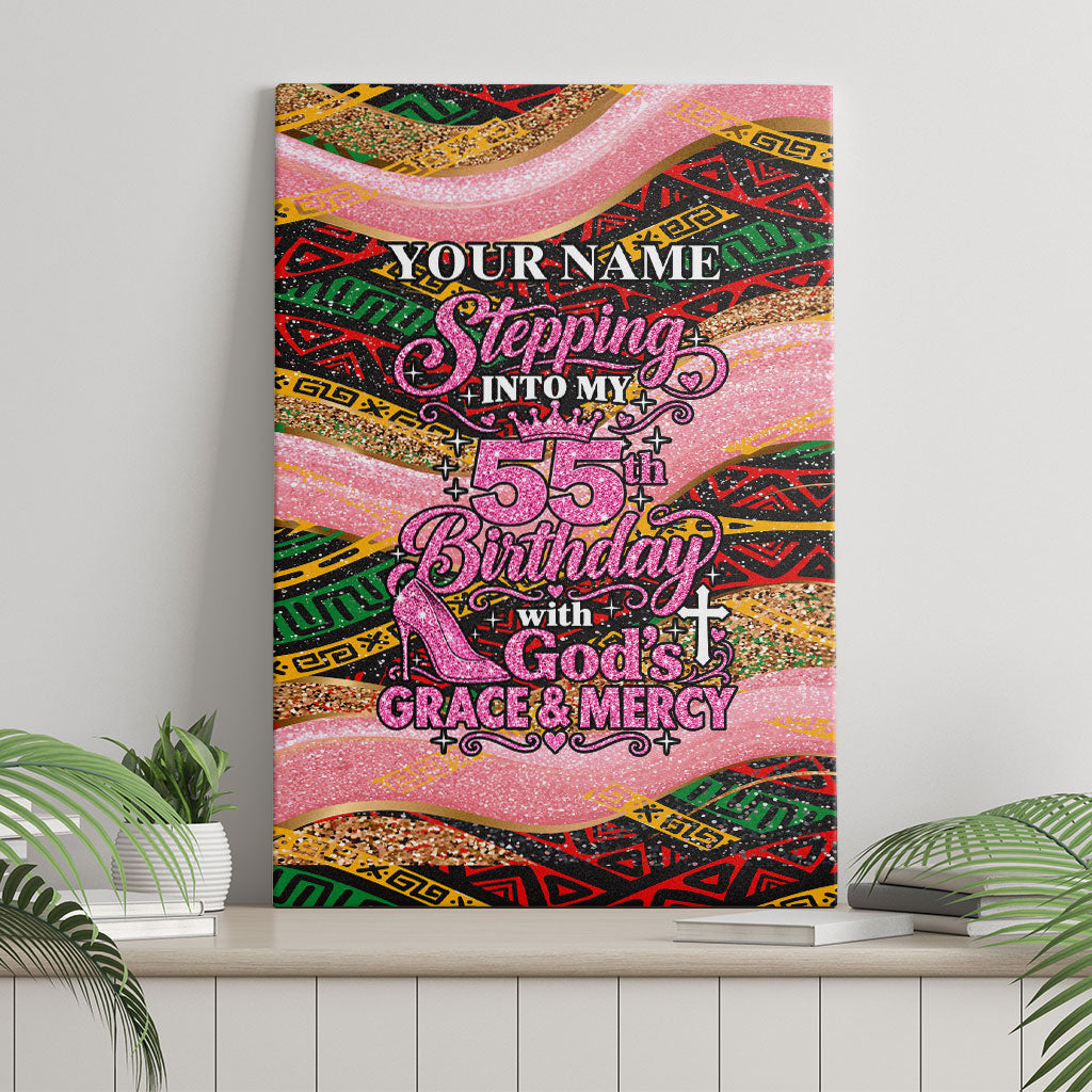 Personalized African Queen Stepping Into My 55th Birthday Canvas Wall Art Pink Sparkle Glitter Tribal Kente