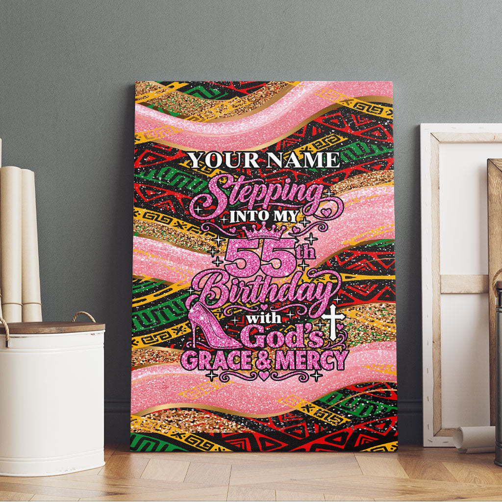 Personalized African Queen Stepping Into My 55th Birthday Canvas Wall Art Pink Sparkle Glitter Tribal Kente