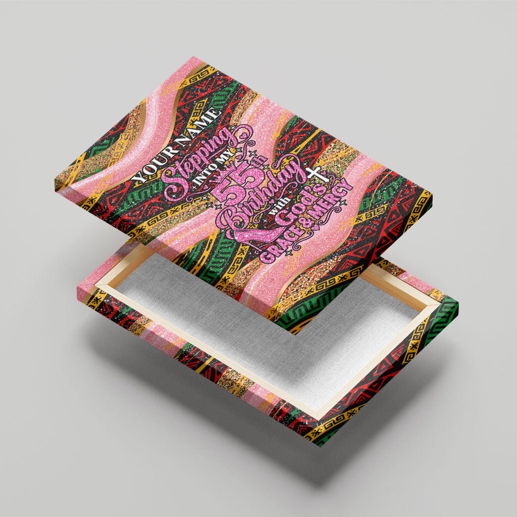 Personalized African Queen Stepping Into My 55th Birthday Canvas Wall Art Pink Sparkle Glitter Tribal Kente