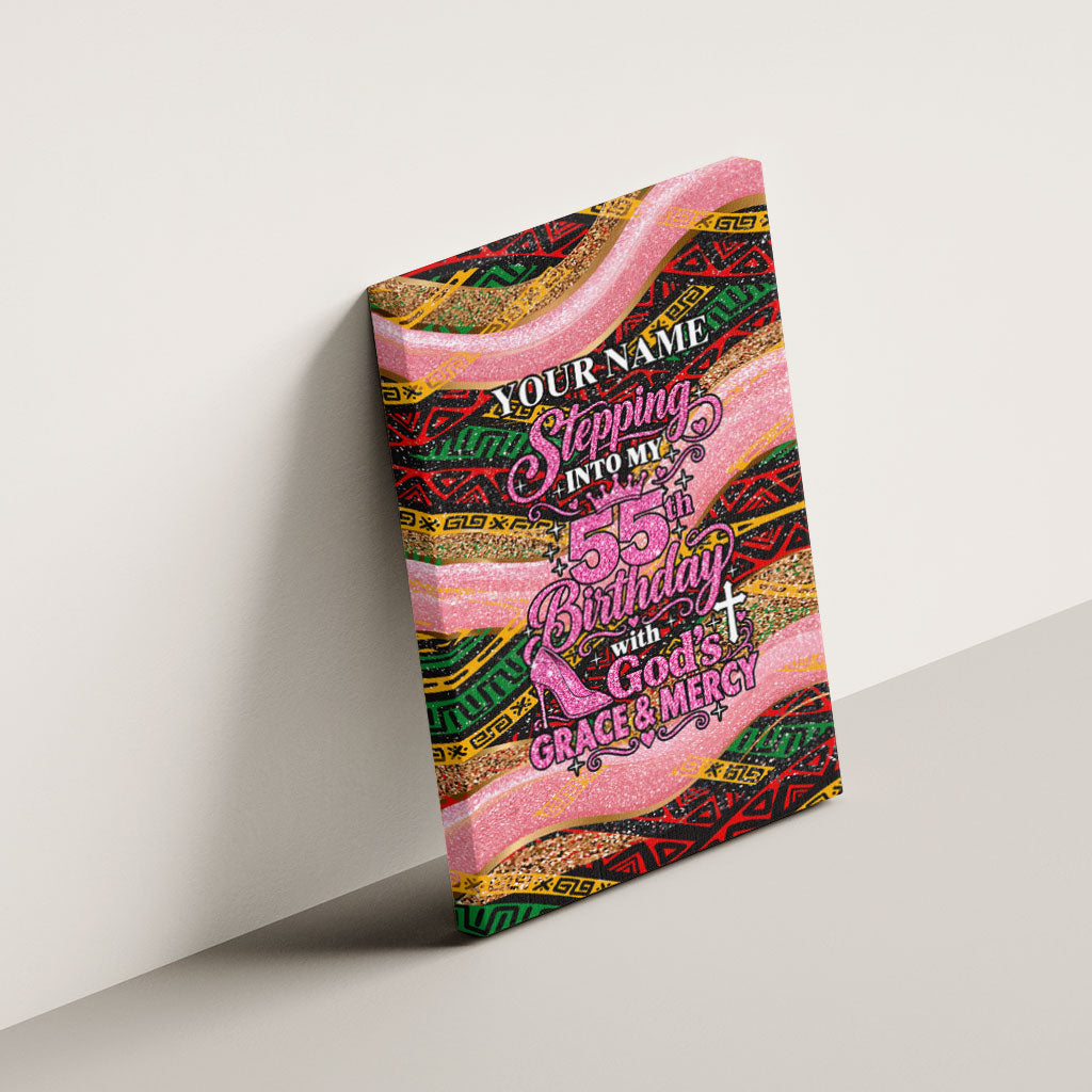 Personalized African Queen Stepping Into My 55th Birthday Canvas Wall Art Pink Sparkle Glitter Tribal Kente