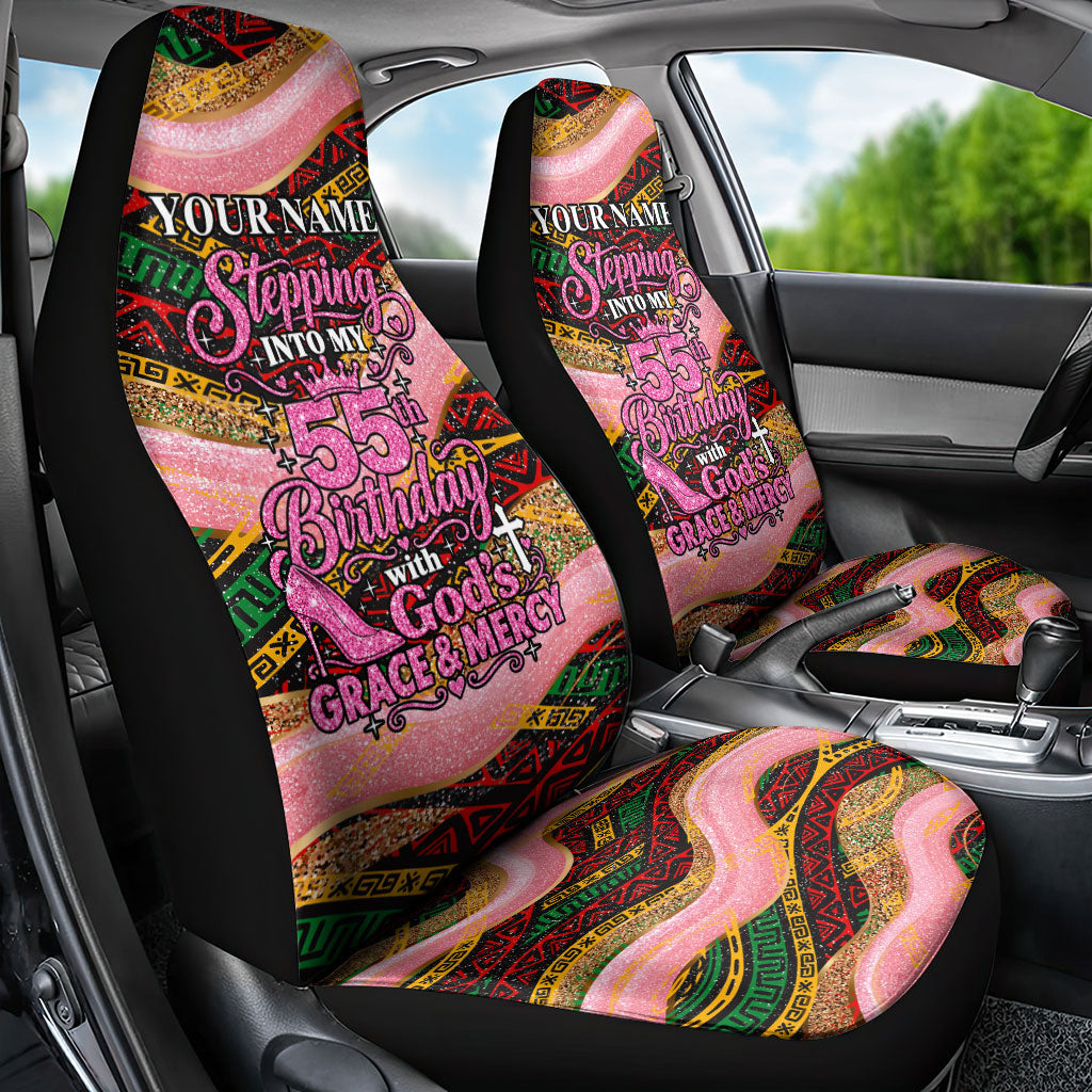 Personalized African Queen Stepping Into My 55th Birthday Car Seat Cover Pink Sparkle Glitter Tribal Kente