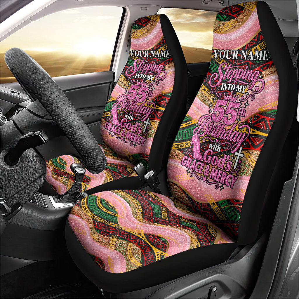 Personalized African Queen Stepping Into My 55th Birthday Car Seat Cover Pink Sparkle Glitter Tribal Kente