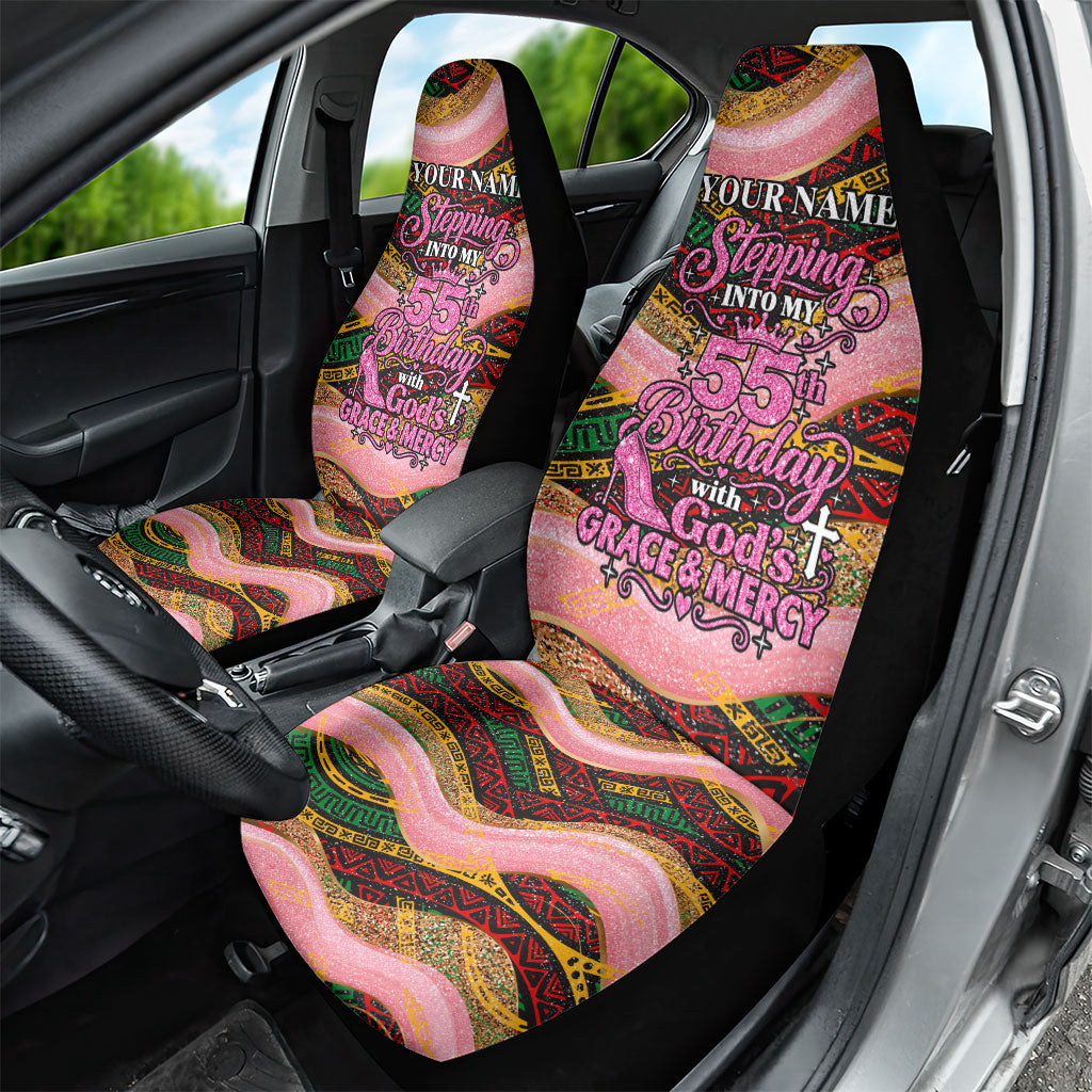 Personalized African Queen Stepping Into My 55th Birthday Car Seat Cover Pink Sparkle Glitter Tribal Kente