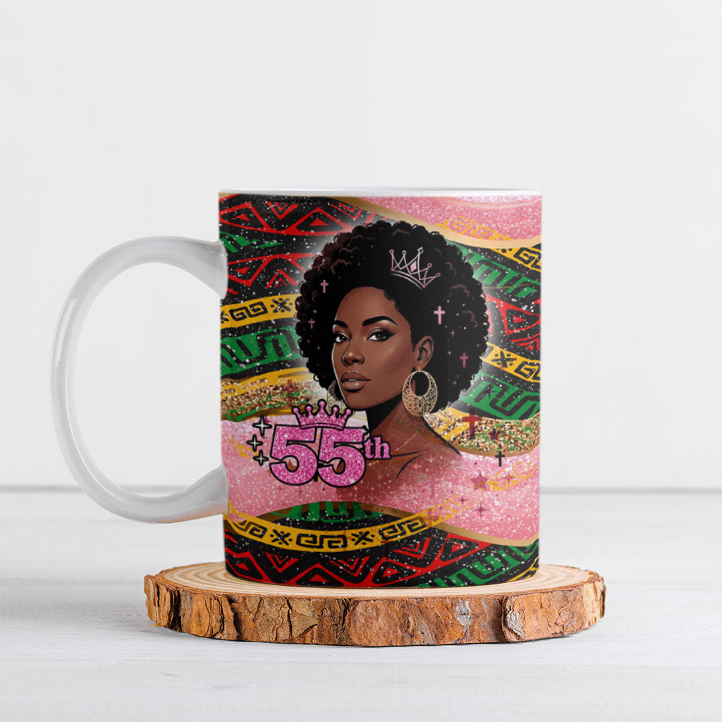 Personalized African Queen Stepping Into My 55th Birthday Ceramic Mug Pink Sparkle Glitter Tribal Kente