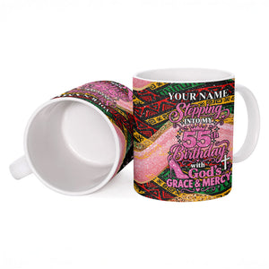 Personalized African Queen Stepping Into My 55th Birthday Ceramic Mug Pink Sparkle Glitter Tribal Kente