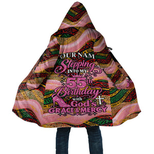 Personalized African Queen Stepping Into My 55th Birthday Cloak Pink Sparkle Glitter Tribal Kente