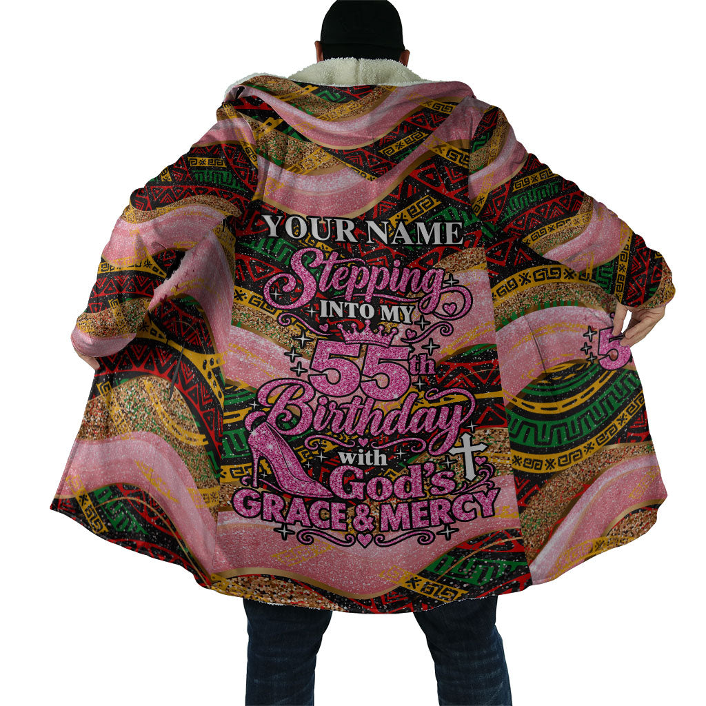 Personalized African Queen Stepping Into My 55th Birthday Cloak Pink Sparkle Glitter Tribal Kente