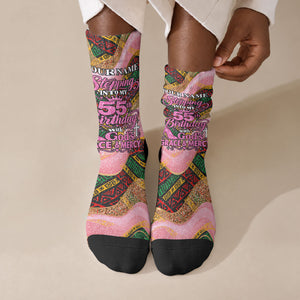 Personalized African Queen Stepping Into My 55th Birthday Crew Socks Pink Sparkle Glitter Tribal Kente