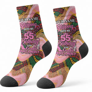 Personalized African Queen Stepping Into My 55th Birthday Crew Socks Pink Sparkle Glitter Tribal Kente