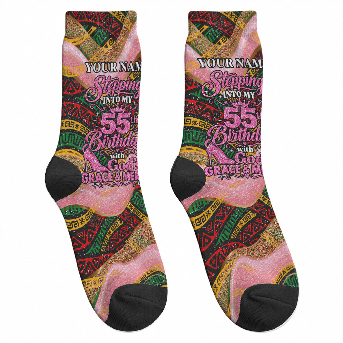 Personalized African Queen Stepping Into My 55th Birthday Crew Socks Pink Sparkle Glitter Tribal Kente