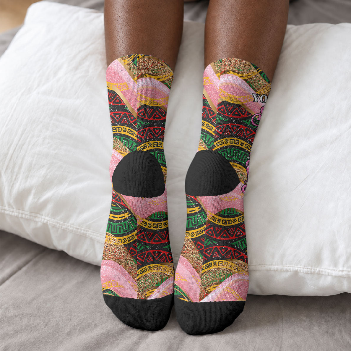 Personalized African Queen Stepping Into My 55th Birthday Crew Socks Pink Sparkle Glitter Tribal Kente
