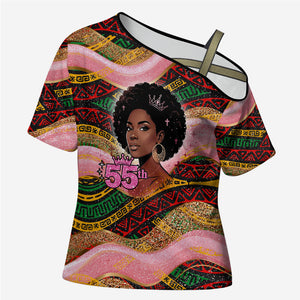 Personalized African Queen Stepping Into My 55th Birthday Cross Shoulder Shirt Pink Sparkle Glitter Tribal Kente