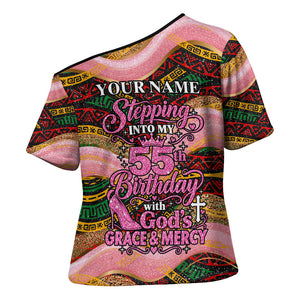 Personalized African Queen Stepping Into My 55th Birthday Cross Shoulder Shirt Pink Sparkle Glitter Tribal Kente