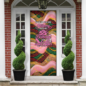 Personalized African Queen Stepping Into My 55th Birthday Door Cover Pink Sparkle Glitter Tribal Kente