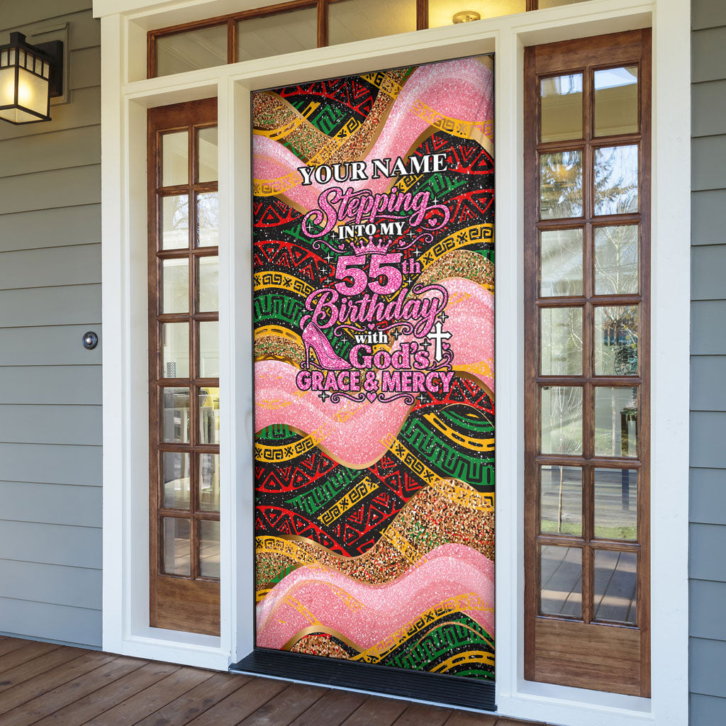 Personalized African Queen Stepping Into My 55th Birthday Door Cover Pink Sparkle Glitter Tribal Kente