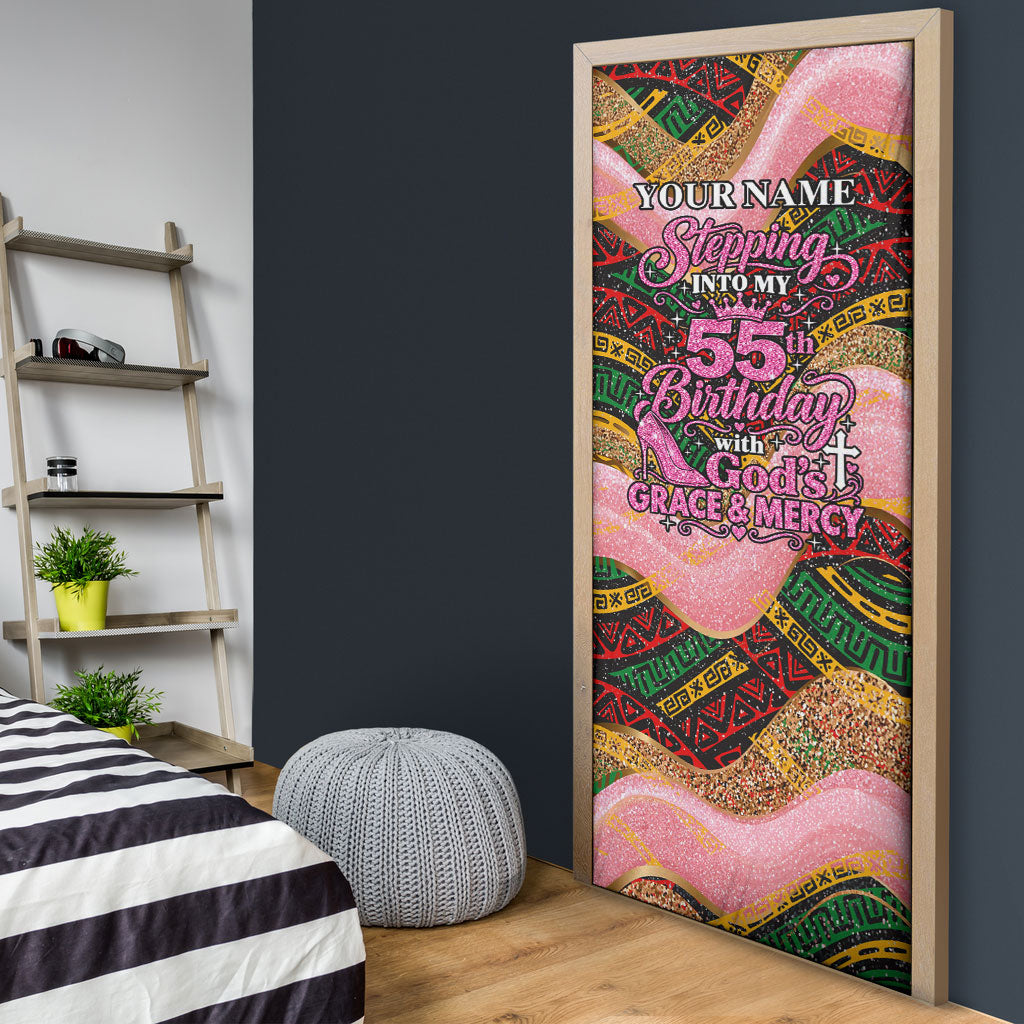 Personalized African Queen Stepping Into My 55th Birthday Door Cover Pink Sparkle Glitter Tribal Kente