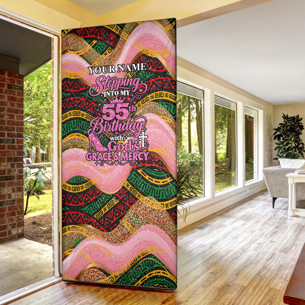 Personalized African Queen Stepping Into My 55th Birthday Door Cover Pink Sparkle Glitter Tribal Kente