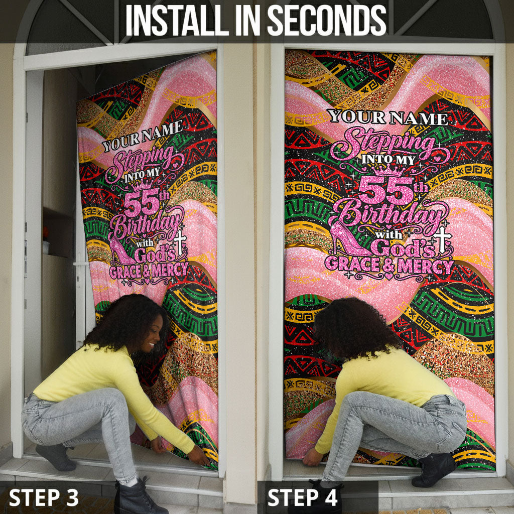 Personalized African Queen Stepping Into My 55th Birthday Door Cover Pink Sparkle Glitter Tribal Kente