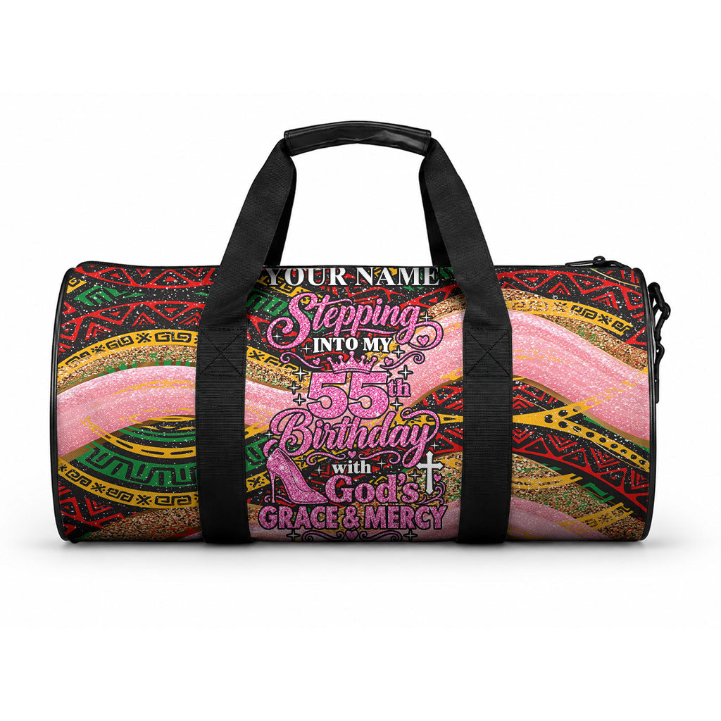 Personalized African Queen Stepping Into My 55th Birthday Duffle Bag Pink Sparkle Glitter Tribal Kente