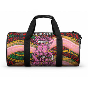 Personalized African Queen Stepping Into My 55th Birthday Duffle Bag Pink Sparkle Glitter Tribal Kente