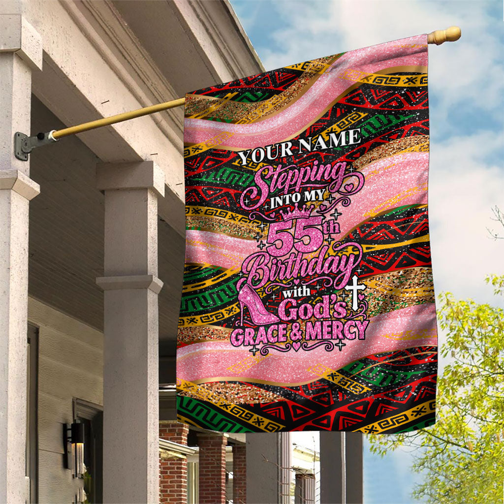 Personalized African Queen Stepping Into My 55th Birthday Garden Flag Pink Sparkle Glitter Tribal Kente
