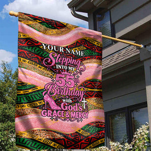 Personalized African Queen Stepping Into My 55th Birthday Garden Flag Pink Sparkle Glitter Tribal Kente